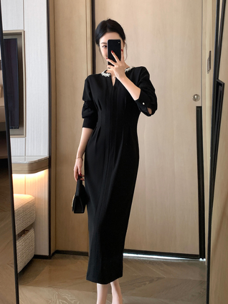 bijou v neck tight black dress
