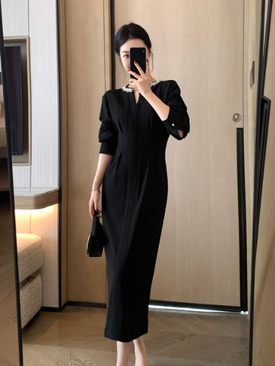 bijou v neck tight black dress