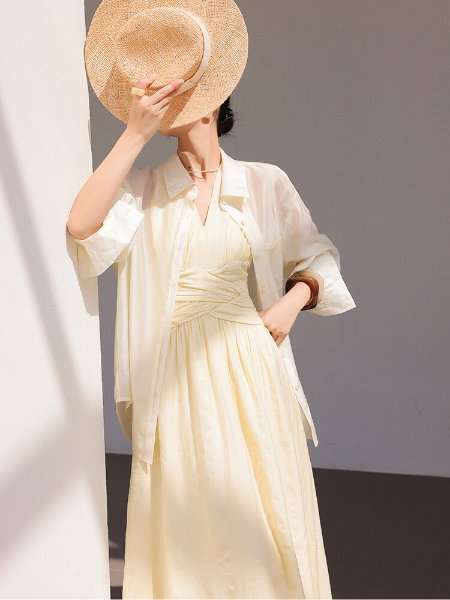 yellow sleeveless waist slim casual long one piece
