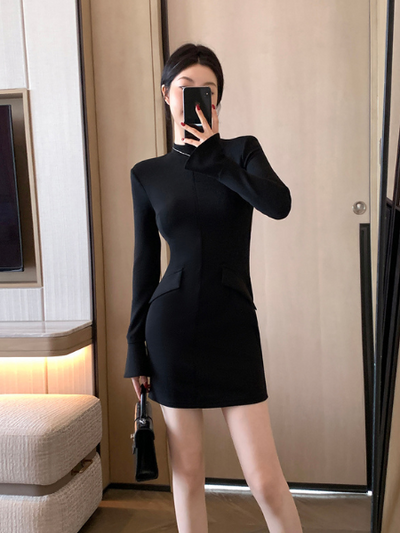 high neck fit black mini dress
