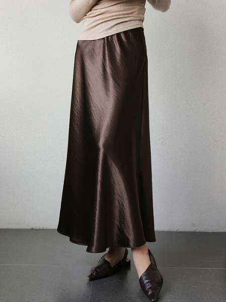drape satin high waist long skirt