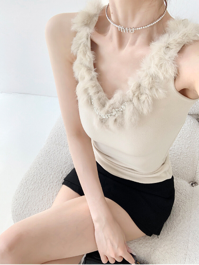 v neck bijou fur collar sleeveless tops