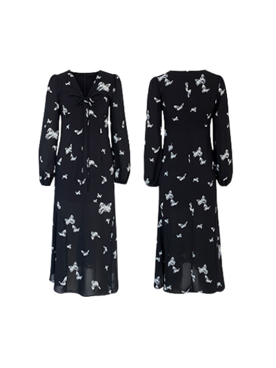 butterfly satin black long one piece