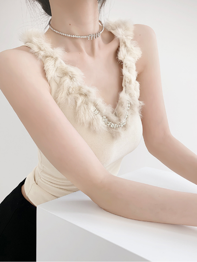 v neck bijou fur collar sleeveless tops