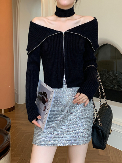 double zipper big collar choker knit tops