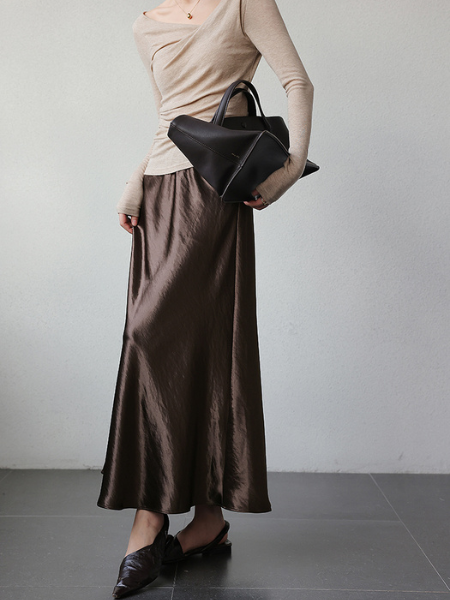 drape satin high waist long skirt
