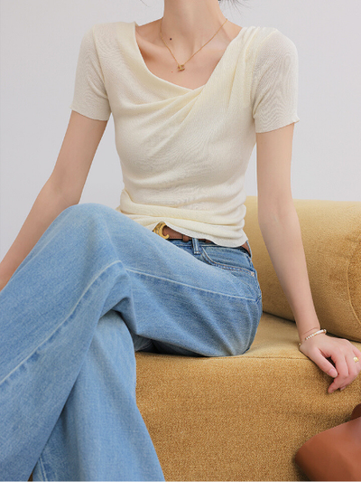 asymmetry drape short sleeve tops