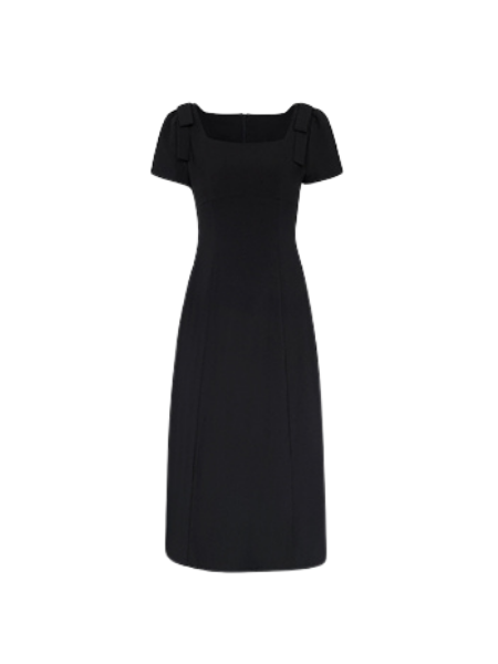 short sleeve shoulder ribbon black dress