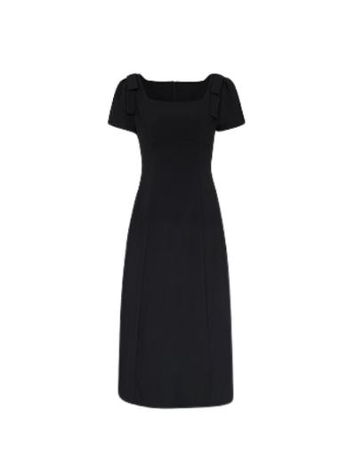 short sleeve shoulder ribbon black dress