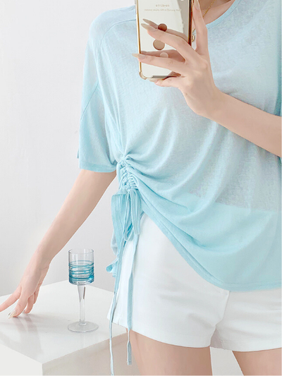 casual loose round neck side gather tops