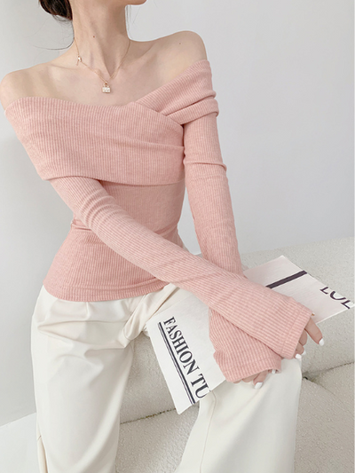 cross shoulder slim fit long sleeve tops