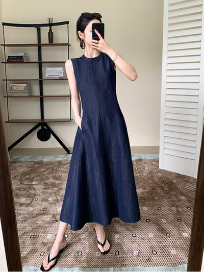 denim style sleeveless A-line long dress