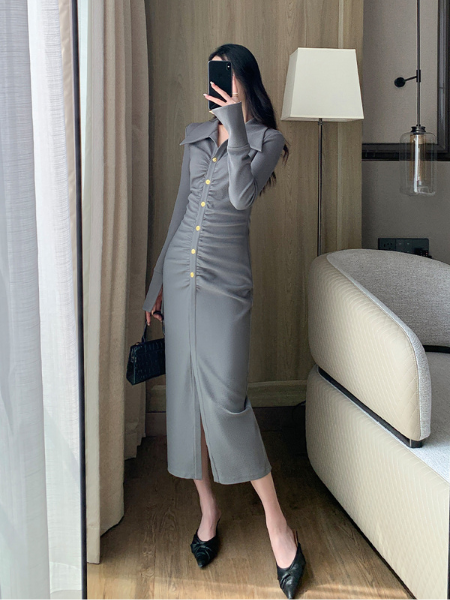 button gather gray one piece