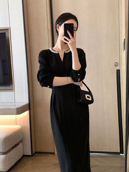 bijou v neck tight black dress