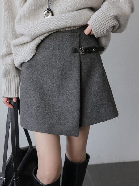 dark gray high end wool belt skirt