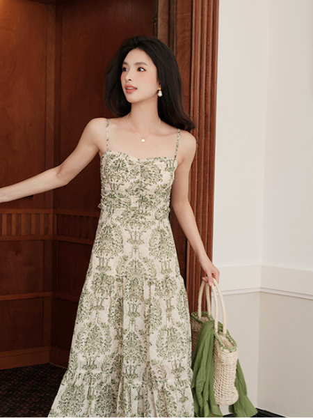 green floral back ribbon long one piece