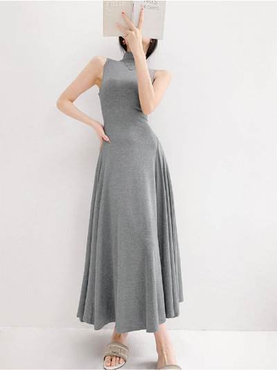 high neck sleeveless tight A-line dress