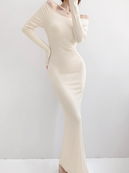 off shoulder long sleeve fit long dress