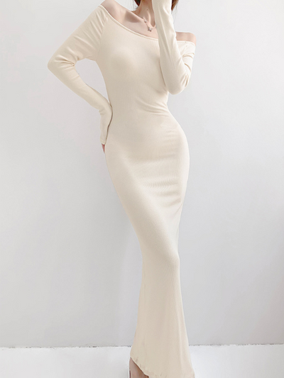 off shoulder long sleeve fit long dress