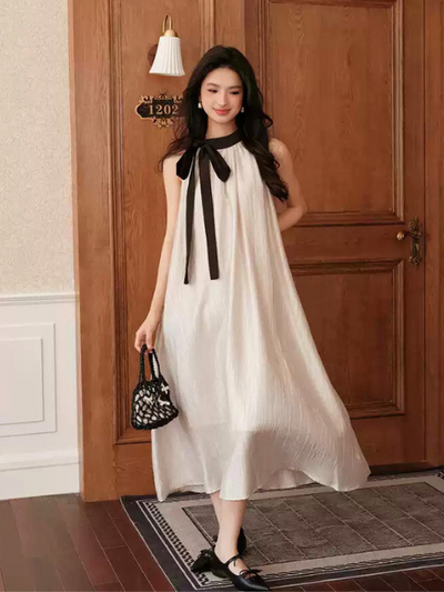 halter neck ribbon long one piece