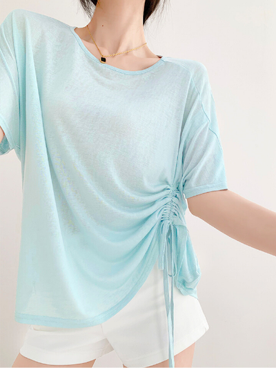 casual loose round neck side gather tops