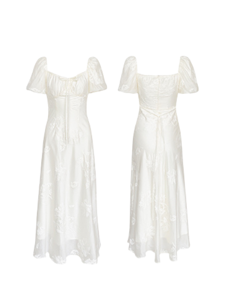 puff sleeve square neck ribbon dress