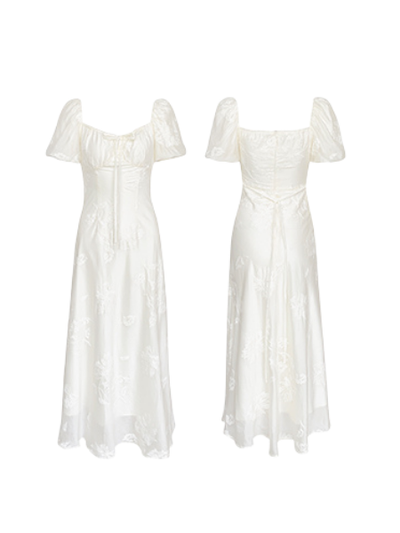 puff sleeve square neck ribbon dress