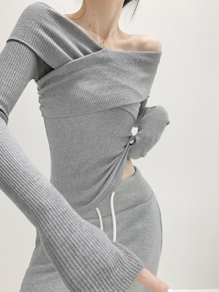 cross shoulder slim fit long sleeve tops