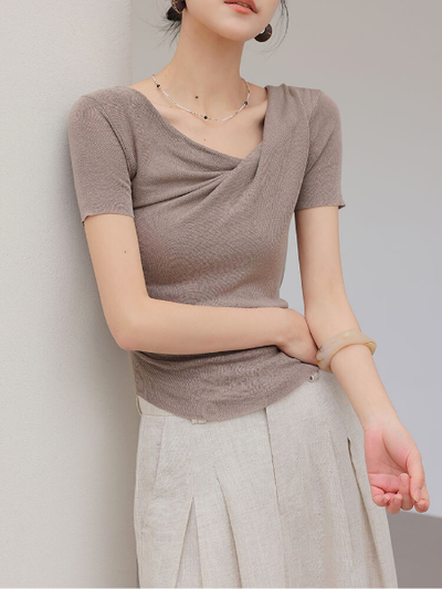 asymmetry drape short sleeve tops