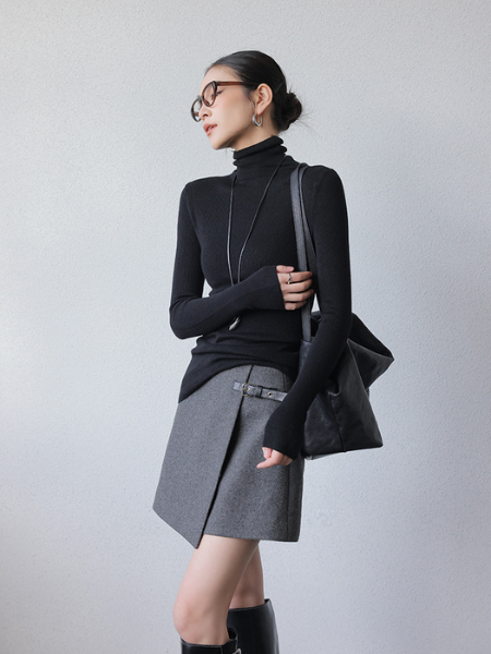 dark gray high end wool belt skirt