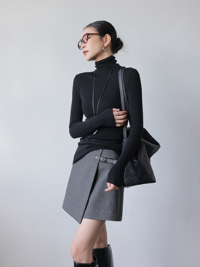 dark gray high end wool belt skirt