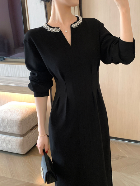 bijou v neck tight black dress