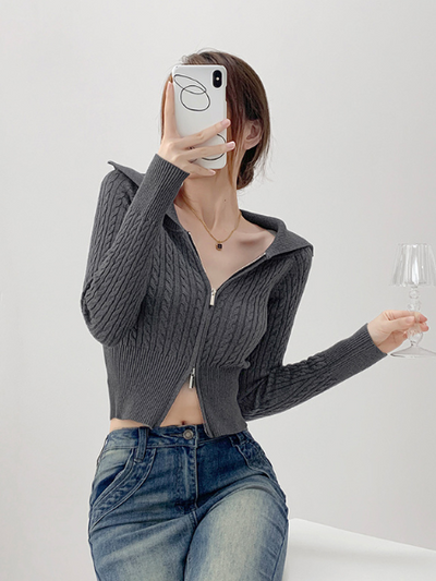 big collar double zipper knit cardigan