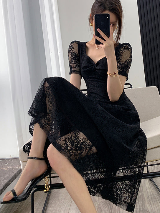 square neck flare black lace one piece