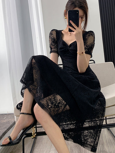 square neck flare black lace one piece