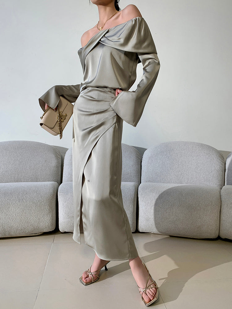 satin off shoulder draped tops