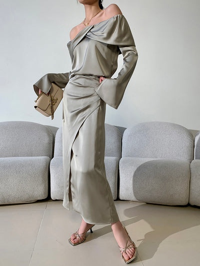 satin off shoulder draped tops