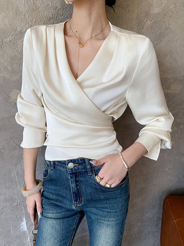 off white v neck waist cross long sleeves shirt