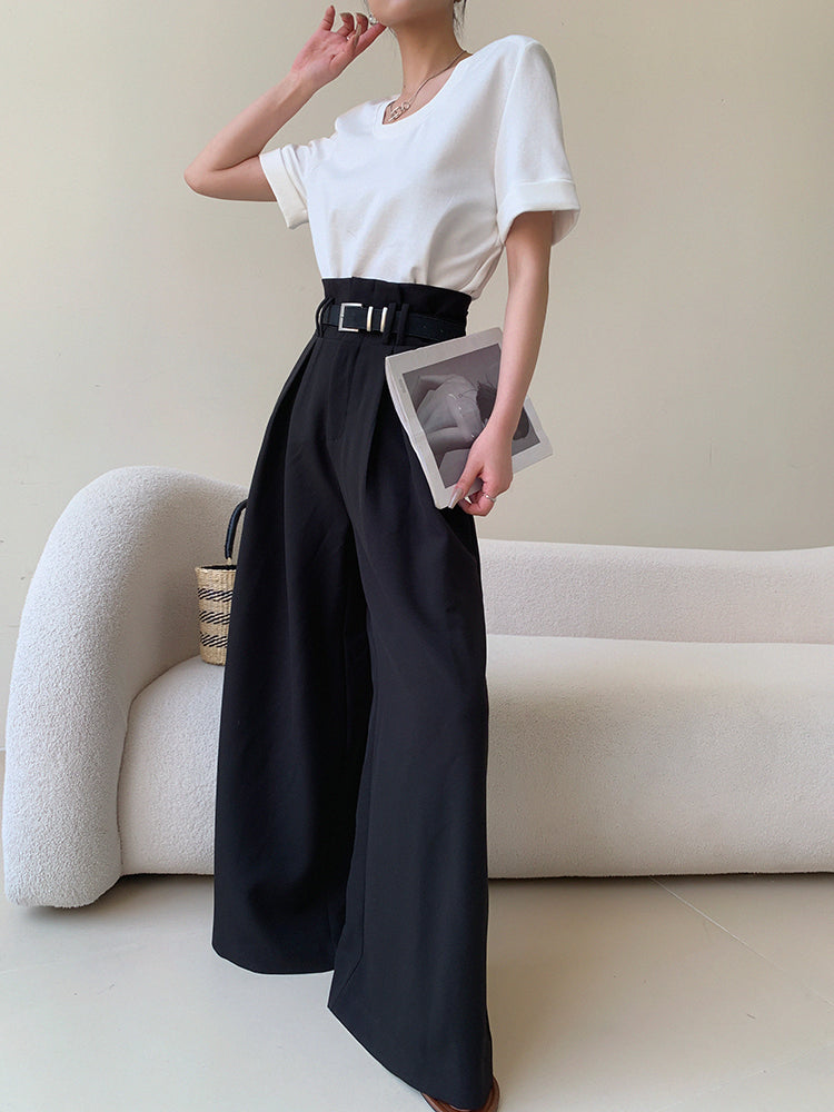 high waist slim wide black pants