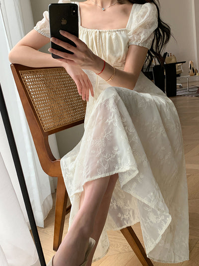 square neck puff sleeve lace long dress