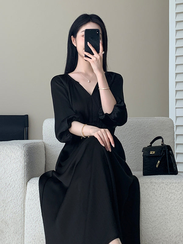 v neck three quarter sleeve black long dress