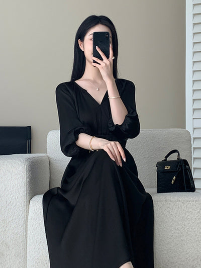 v neck three quarter sleeve black long dress