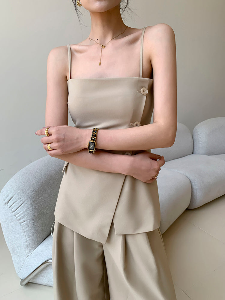 side button tops wide long pants setup