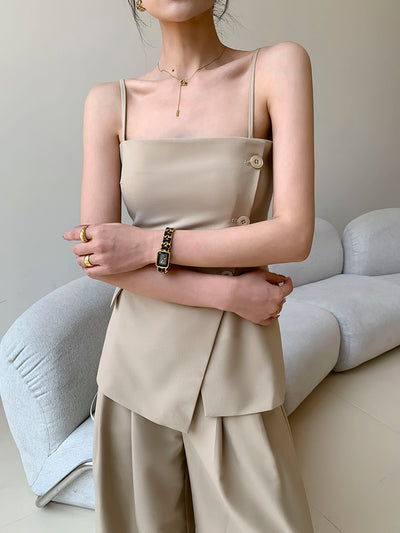 side button tops wide long pants setup
