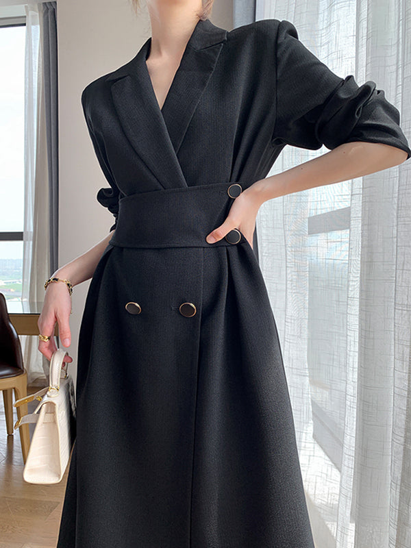 waist slim black long suit dress