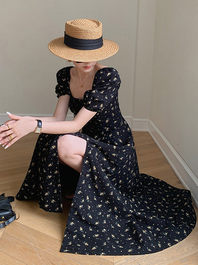 square neck puff sleeve slit black flower one piece