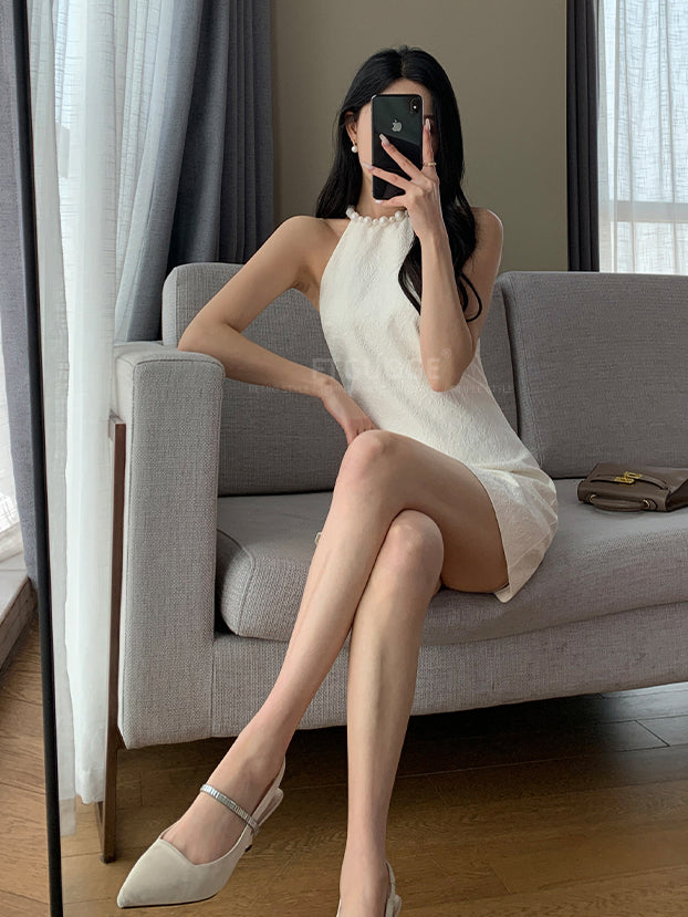 halter neck white tight mini one piece