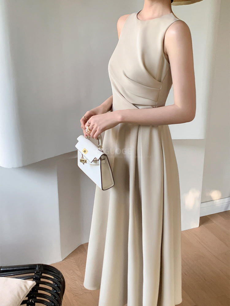 【即納】sleeveless flare beige long dress