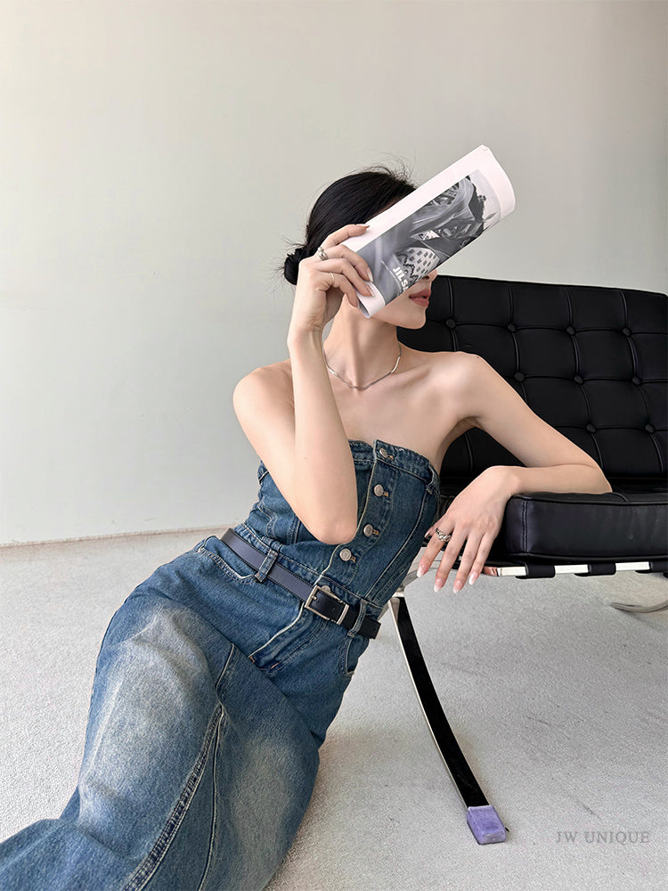 blue denim button tube top long one piece