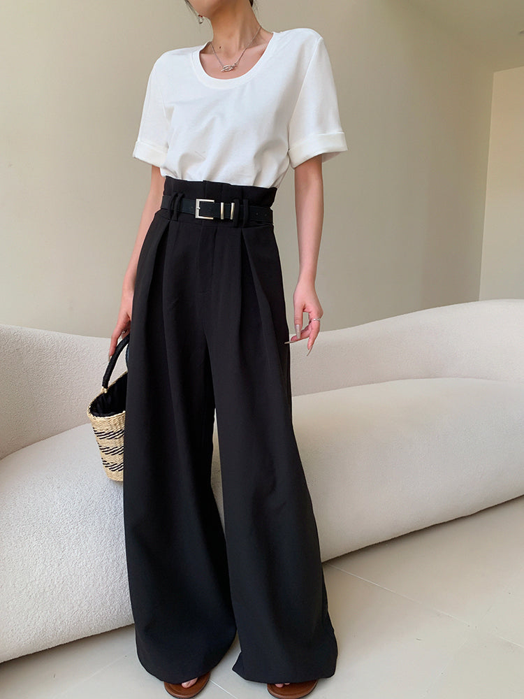 high waist slim wide black pants